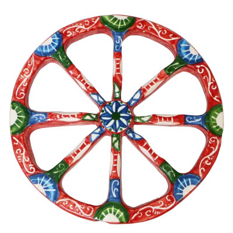 Roda de Carrinho Siciliano em Cerâmica Caltagirone, feita à mão, fundo vermelho e azul, diâmetro aproximado de 23cm. Mod