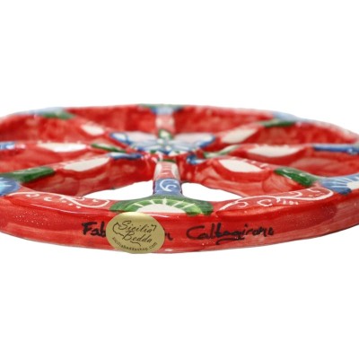 Ruota di Carretto Siciliano in Ceramica di Caltagirone, Ø 23 cm ca. fondo rosso e blu - 