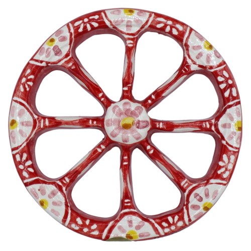 Wheel of Sicilian Carretto in Ceramica di Caltagirone, handgemaakt, rood en wit, diameter 14cm approx - 