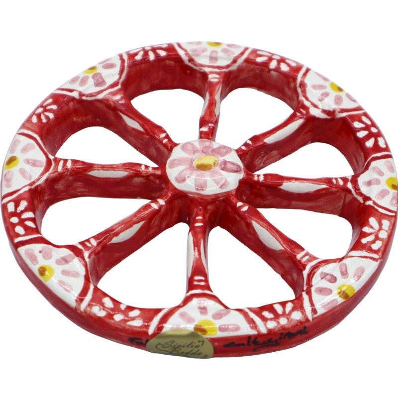 Sicilian Cart Wheel in Caltagirone Ceramic, handmade, red and white background, diameter approx. 14cm. Mod BR - 