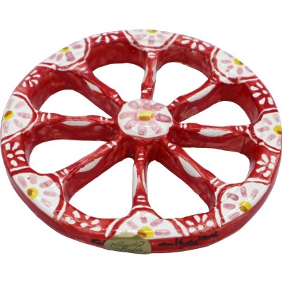 Sicilian Cart Wheel in Caltagirone Ceramic, handmade, red and white background, diameter approx. 14cm. Mod BR - 