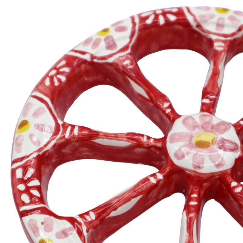 Sicilian Cart Wheel in Caltagirone Ceramic, handmade, red and white background, diameter approx. 14cm. Mod BR - 