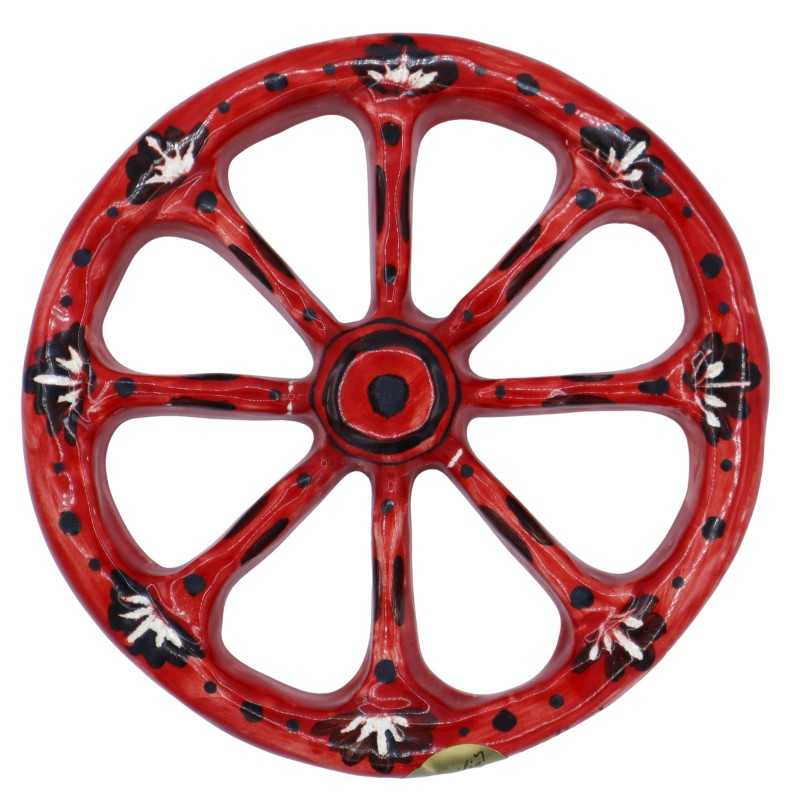 Roda de Carrinho Siciliano em Cerâmica Caltagirone, feita à mão, fundo vermelho e preto, diâmetro aproximado de 14cm. Mo