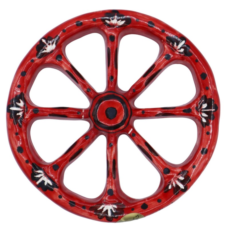 Sicilian cart wheel in Caltagirone ceramic, Ø approx. 14 cm. red and black background - 