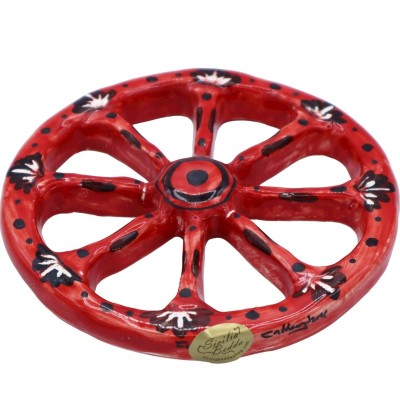 Sicilian cart wheel in Caltagirone ceramic, Ø approx. 14 cm. red and black background - 