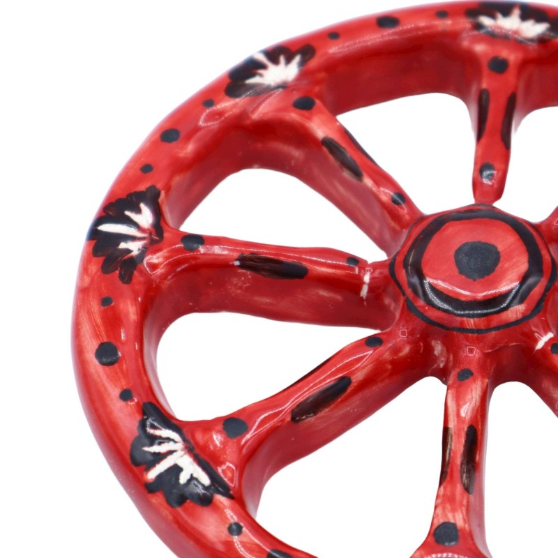 Sicilian cart wheel in Caltagirone ceramic, Ø approx. 14 cm. red and black background - 