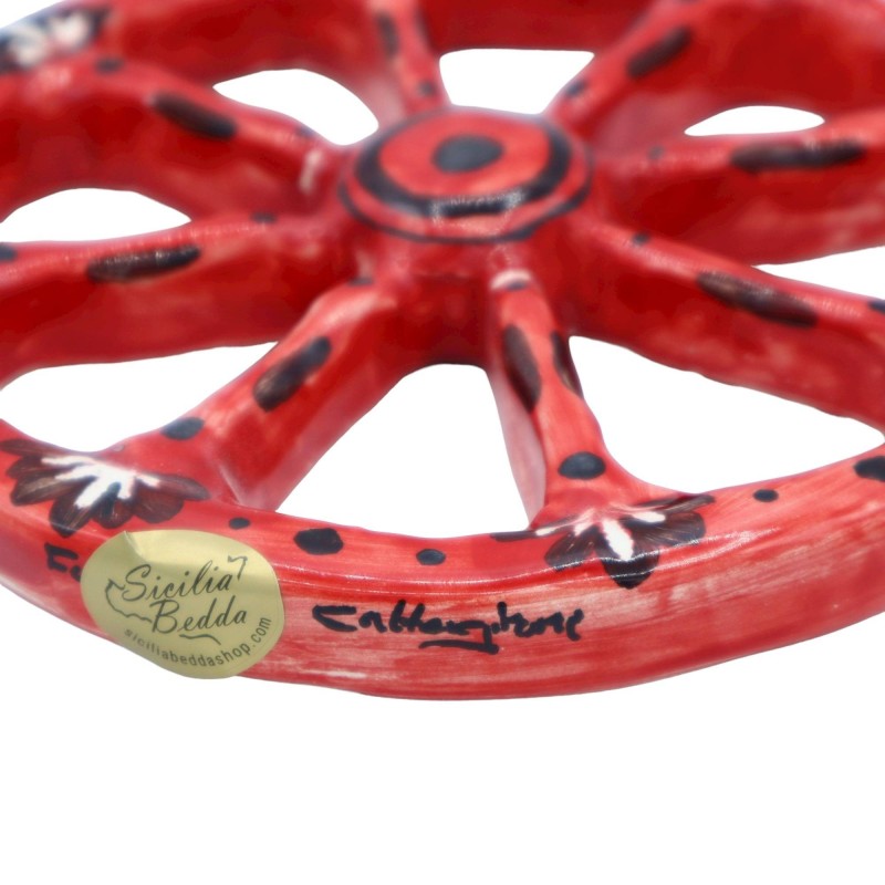 Sicilian cart wheel in Caltagirone ceramic, Ø approx. 14 cm. red and black background - 