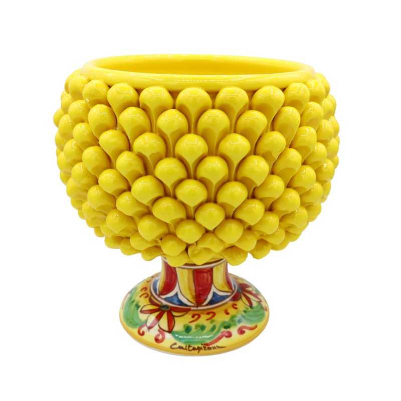 Caltagirone Mezza Pigna vase in yellow color and decorated stem, measures Ø 23 x h23 cm approx. Mod TD - 