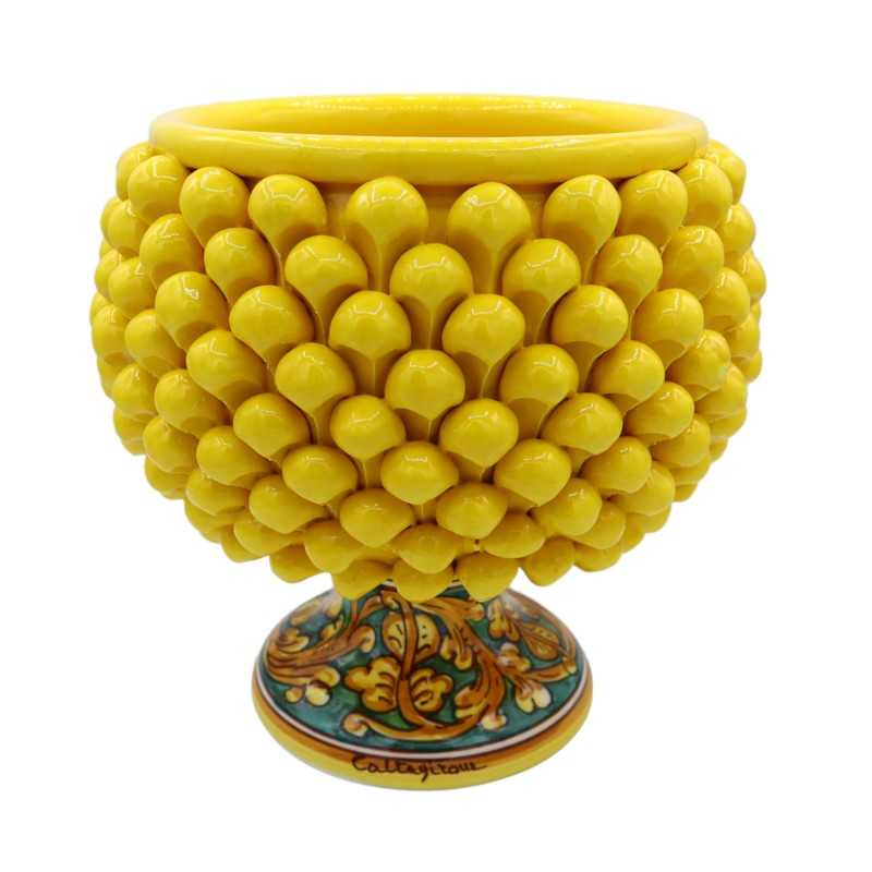 Jarrón Caltagirone Mezza Pigna en color amarillo y tallo decorado, medidas Ø 23 x h 23 cm aprox. Mod TD - 