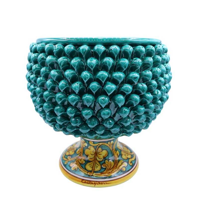 Caltagirone Mezza Pigna vase in verdigris color and decorated stem, Measures d30 x h30 cm approx. Mod TD - 