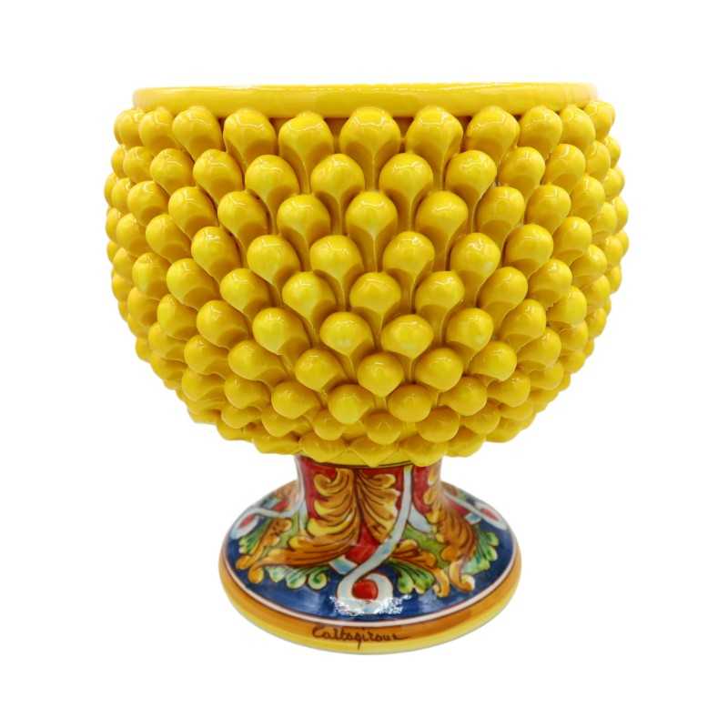 Caltagirone Mezza Pigna vase in yellow color and decorated stem, measures d30 x h30 cm approx. Mod TD - 