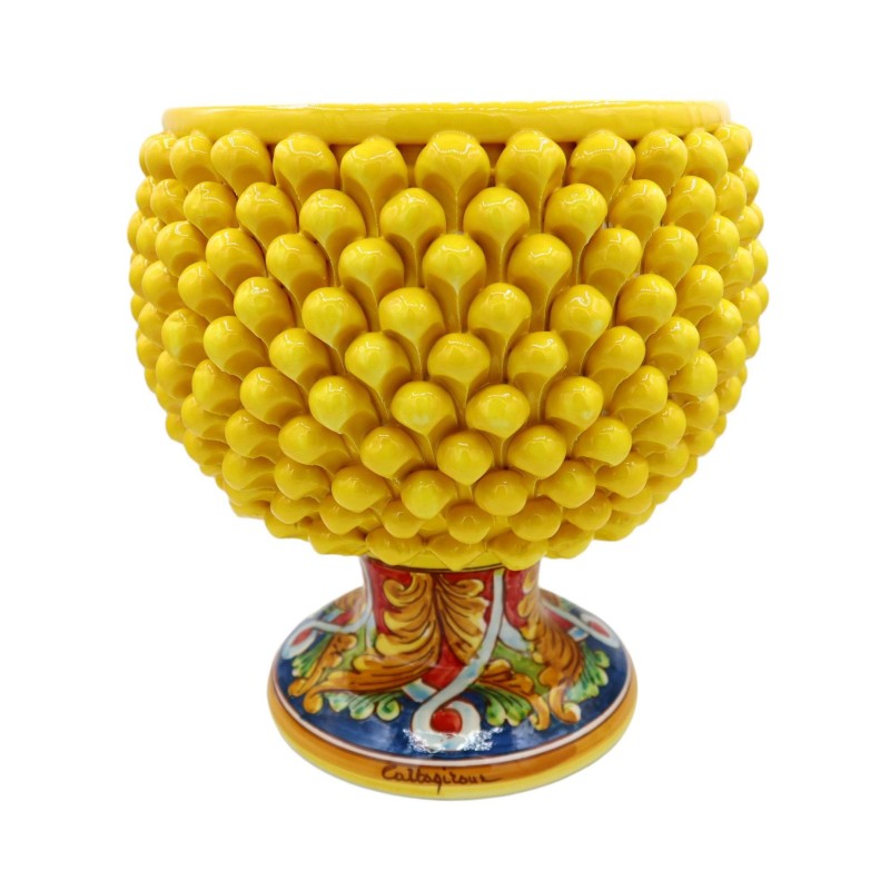 Vaso Mezza Pigna Caltagirone Giallo, con 4 opzioni misura (1Unità) gambo decoro barocco e nastrino - 