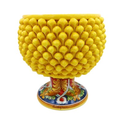 Vaso Mezza Pigna Caltagirone Giallo, con 4 opzioni misura (1Unità) gambo decoro barocco e nastrino - 