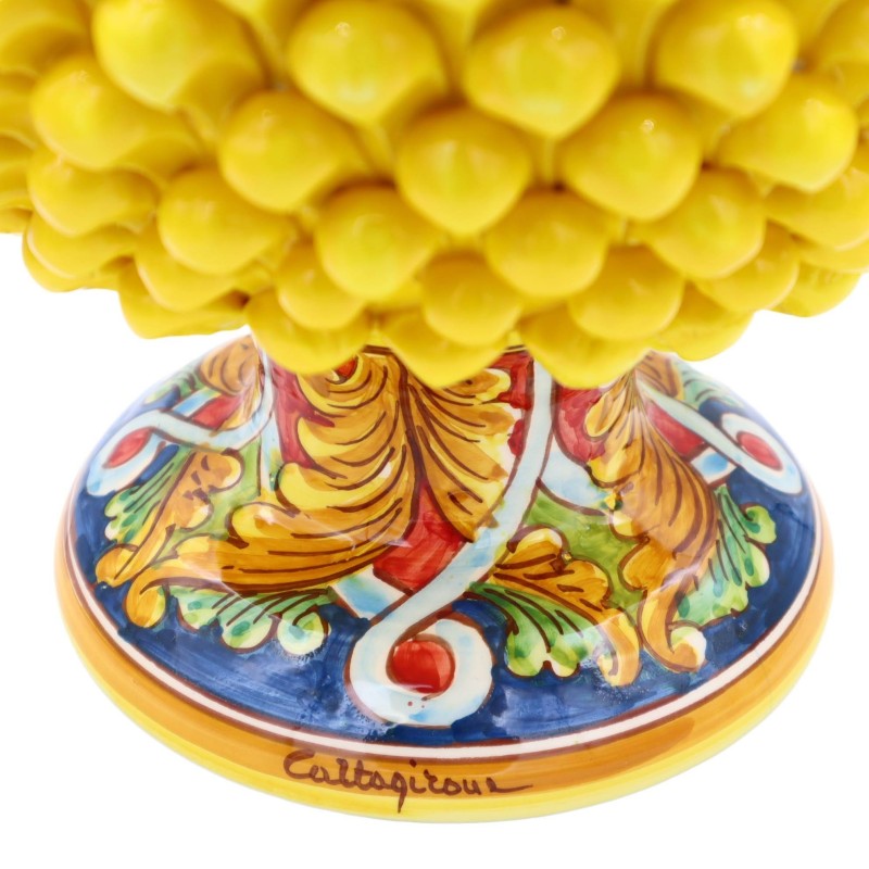 Vaso Mezza Pigna Caltagirone Giallo, con 4 opzioni misura (1Unità) gambo decoro barocco e nastrino - 