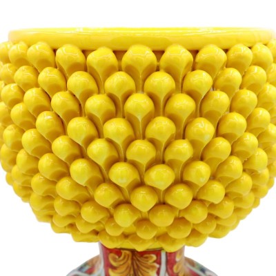 Vaso Mezza Pigna Caltagirone Giallo, con 4 opzioni misura (1Unità) gambo decoro barocco e nastrino - 
