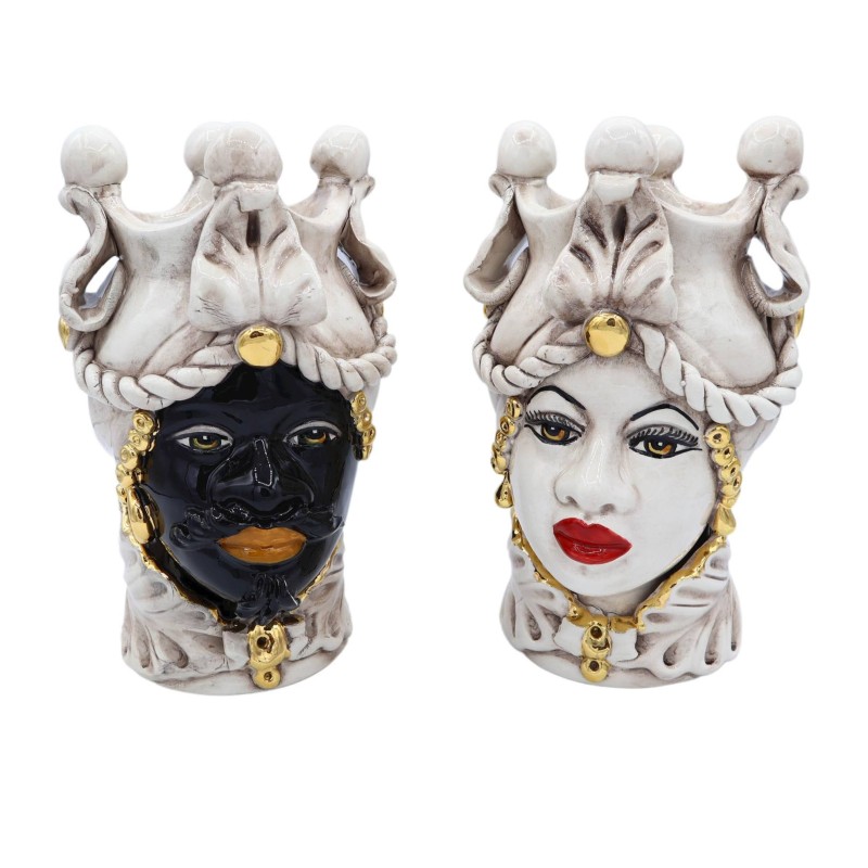 Moro Caltagirone hoofden met kroon, Bianco Anticato en geameleerde details in 24 mm goud, Height 20cm approx. Modder AK 