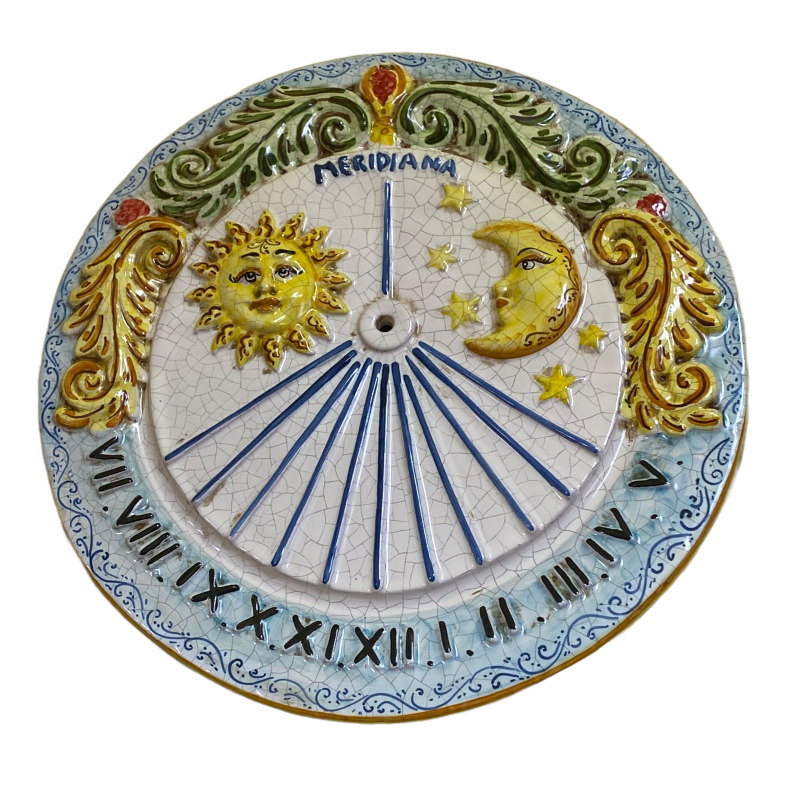 Cadran solaire en céramique de Caltagirone, décorations en relief avec Soleil et Lune - diamètre 45 cm - 