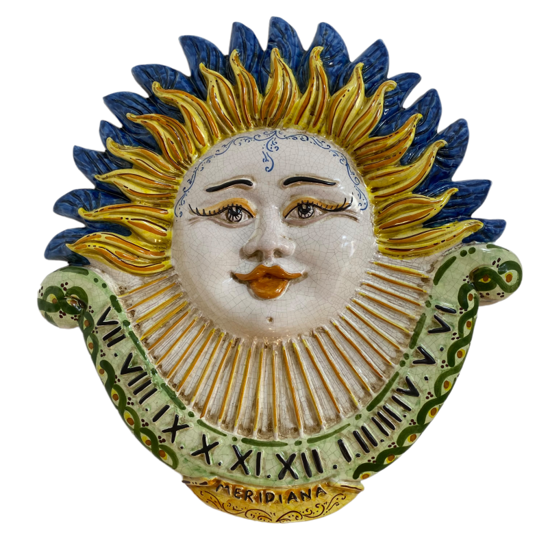 Cadran solaire en céramique de Caltagirone, relief avec Soleil - L 43 x h46 cm - 