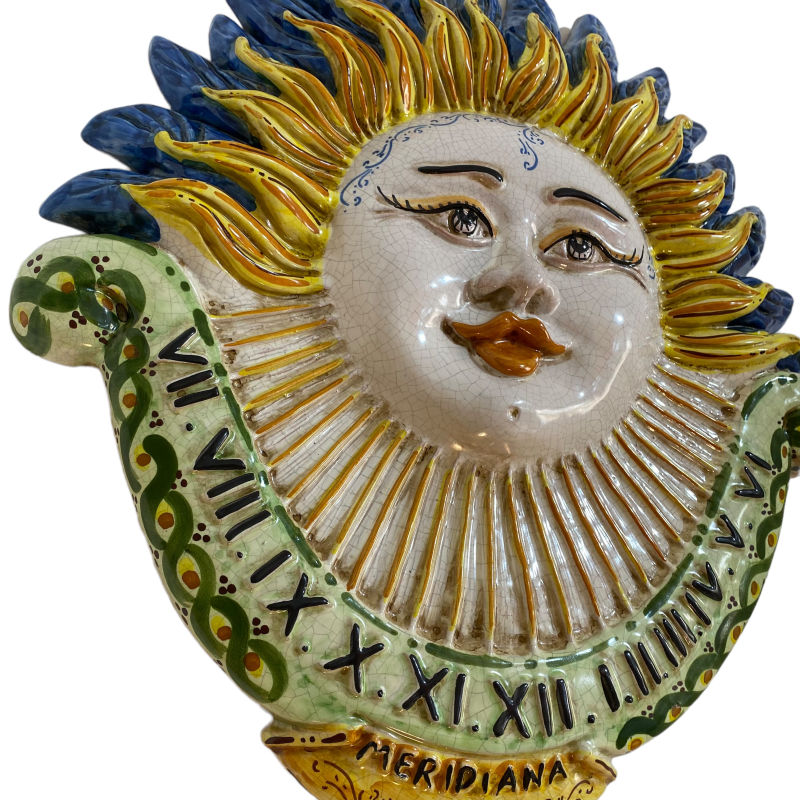 Cadran solaire en céramique de Caltagirone, relief avec Soleil - Deux options de taille (1 pièce). - 