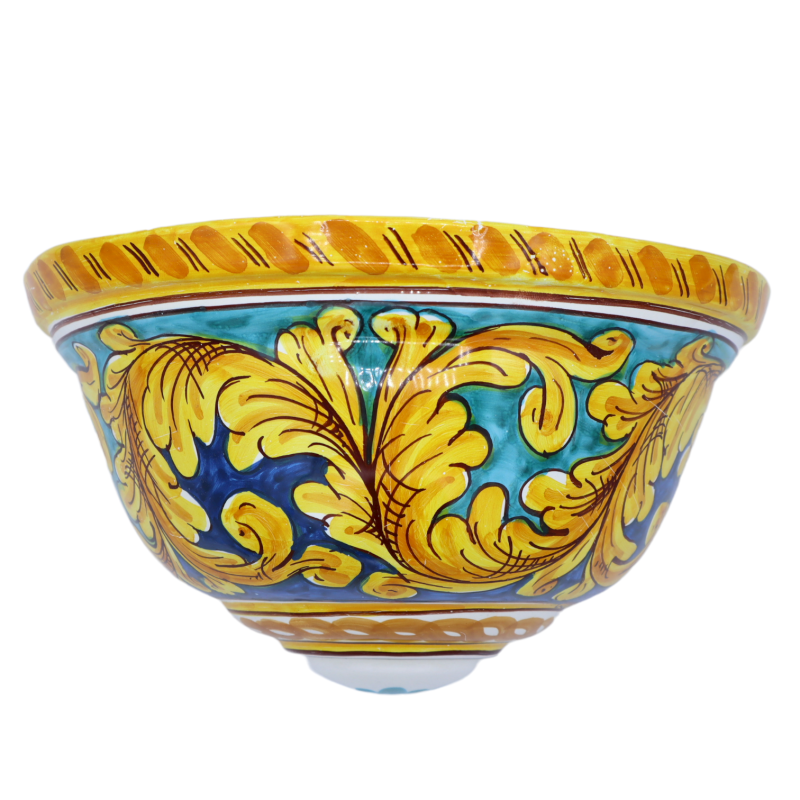 Alforje em cerâmica Caltagirone, decoração barroca sobre fundo Verderame e Azul, Mede aproximadamente 27,5x15x16 cm. Mod
