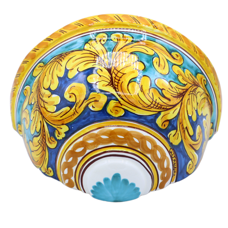 Alforja de cerámica Caltagirone, Decoración barroca sobre fondo verderame y azul, Medidas aproximadas 27,5x15x16 cm. Mod