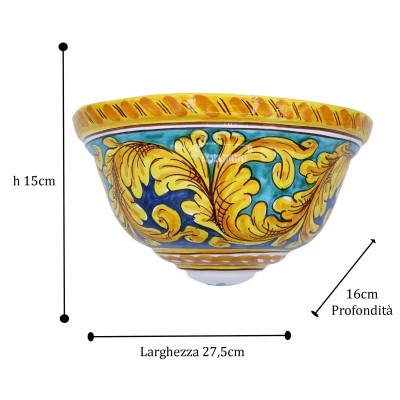 Alforja de cerámica Caltagirone, Decoración barroca sobre fondo verderame y azul, Medidas aproximadas 27,5x15x16 cm. Mod
