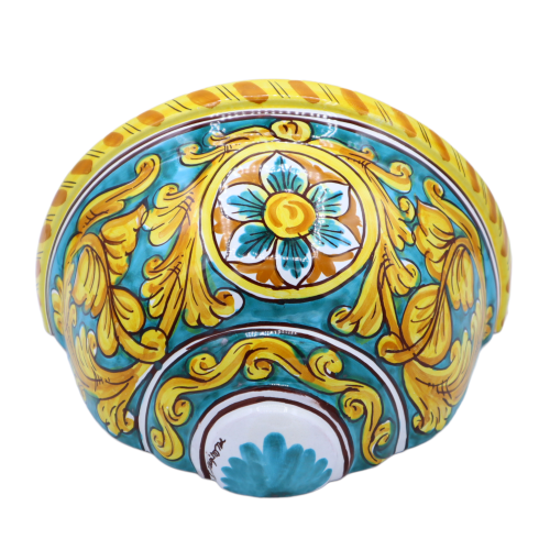 Caltagirone ceramic pannier, Baroque decoration with Flower, Verdigris background, Measurements approx. 27.5x15x16 cm. M 2