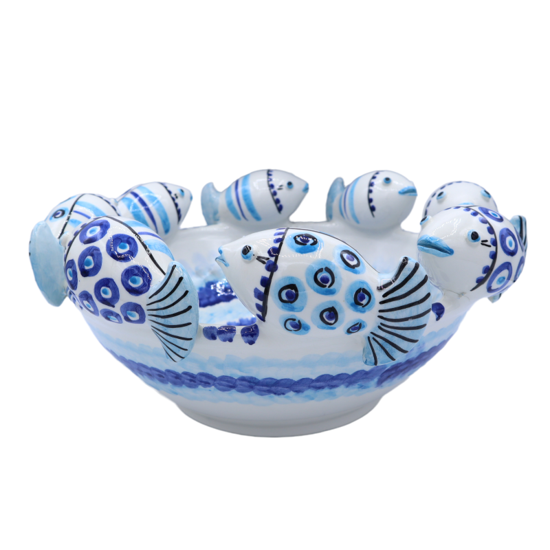 Centro de mesa em cerâmica Caltagirone com decoração de Peixes sobre fundo azul e branco, mede cerca de 34 cm de diâmetr