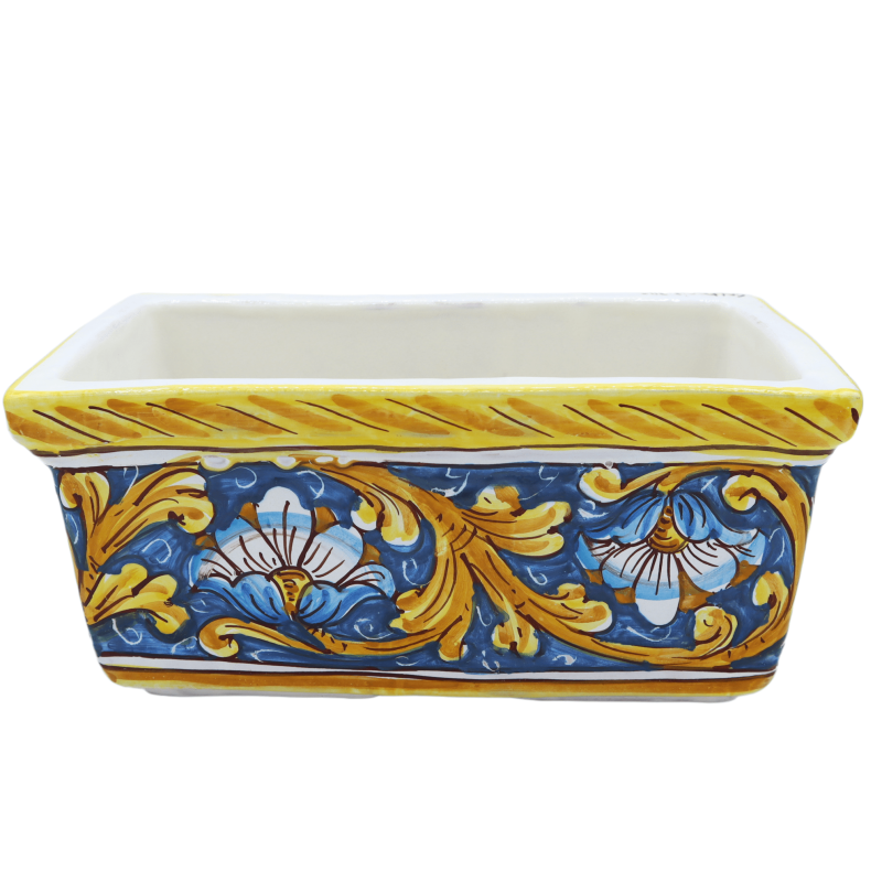Rectangular vase in Caltagirone ceramic, baroque decoration and flowers on a blue background, in five size options - (1p