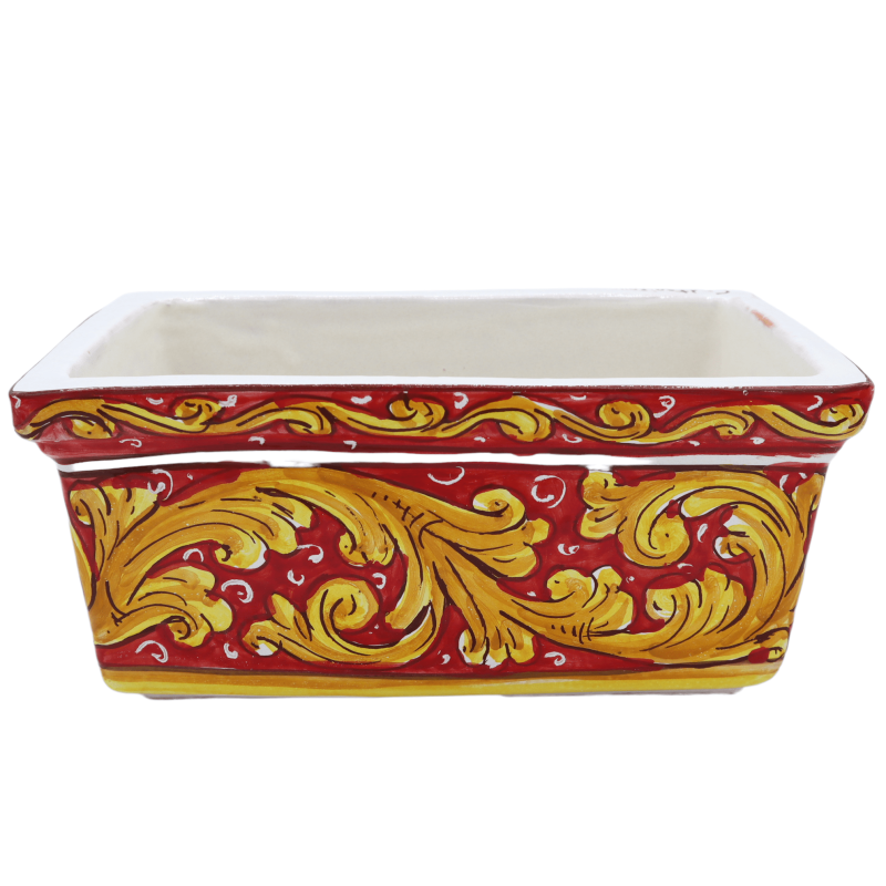 Rechteckige Vasenbox aus Caltagirone-Keramik, barocke Dekoration auf rotem Hintergrund – in fünf Größenoptionen – (1 Stü