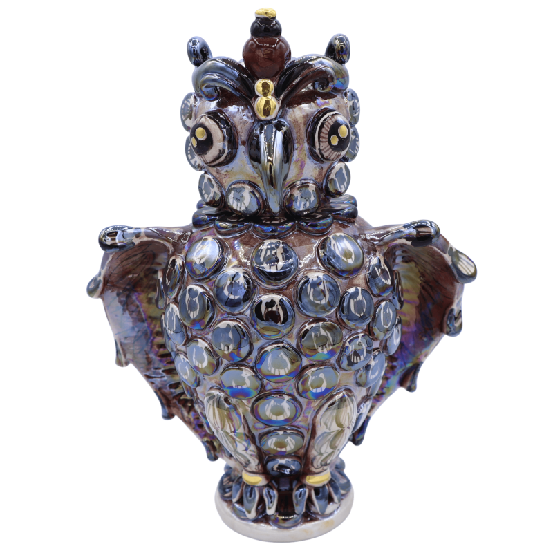 Gufo Vano Segreto in ceramica Caltagirone, h 25 cm ca. con smalto oro zecchino 24k e madreperla MD5 - 
