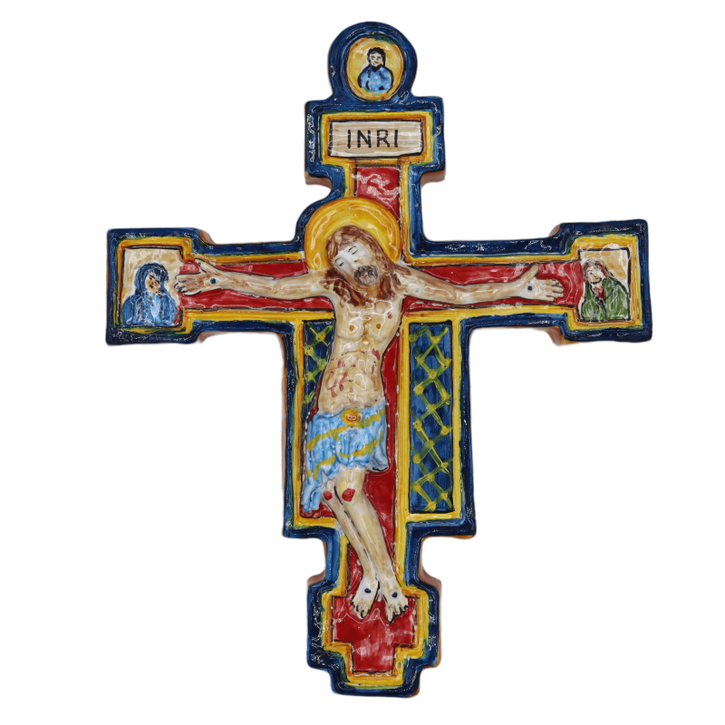 Crucifixo de San Benedetto em cerâmica siciliana, decorado à mão, mede h 33 cm aprox. Mod BN - 