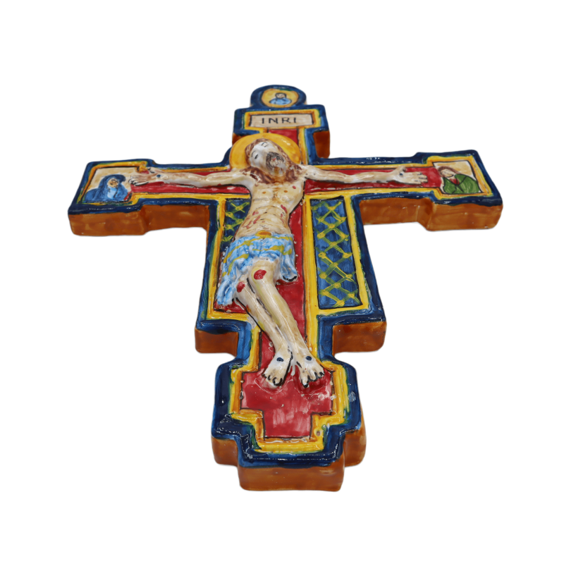 Crucifix z San Benedetto w Ceramica Siciliana, ozdobiony rękami, miary h 33 cm approx. Moduł BN - 