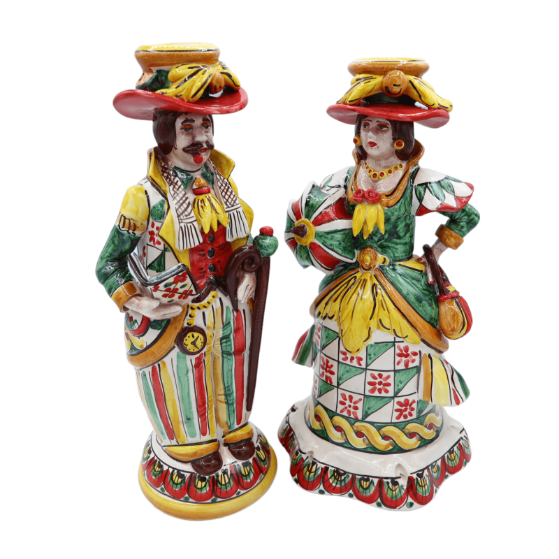 Paar Lumiere, „Signorotti“, aus Caltagirone-Keramik, Dekoration im sizilianischen Cart-Stil, H 30, Mod NF - 