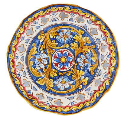 Centro de mesa em cerâmica Caltagirone, decoração barroca recortada e perfurada com flor sobre fundo azul, mede cerca de