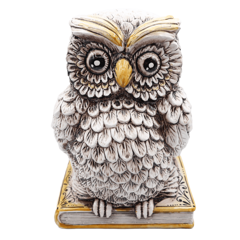Owl on Book, Caltagirone Ceramics, Antiqued White, in various Sizes, Mod BR - 