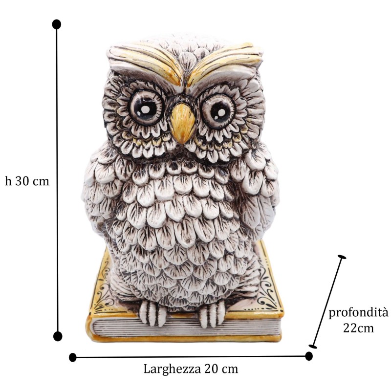 Owl on Book, Caltagirone Ceramics, Antiqued White, in various Sizes, Mod BR - 