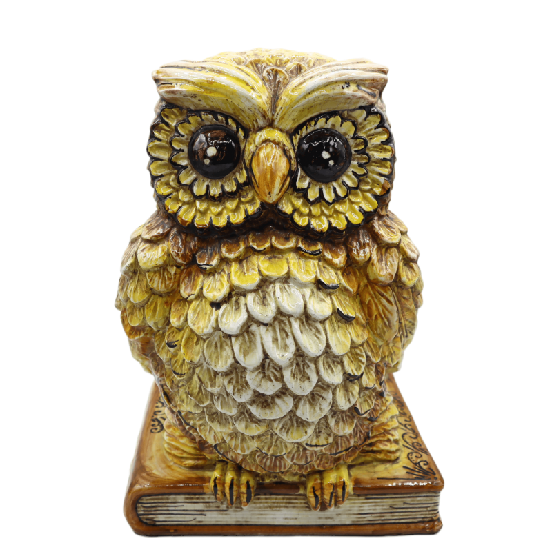 Owl on Book, Caltagirone Ceramics, Yellow, in various Sizes, Mod BR - 