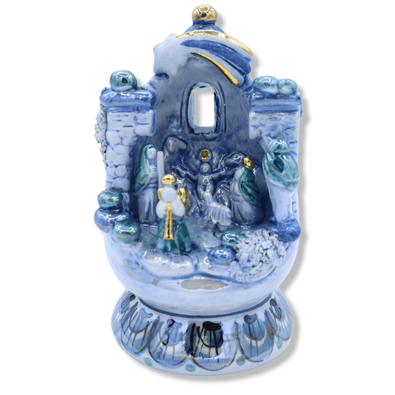 Presepe artigianale, in uovo, in pregiata ceramica di Caltagirone, decori in oro zecchino 24k, h14 cm ca. - 