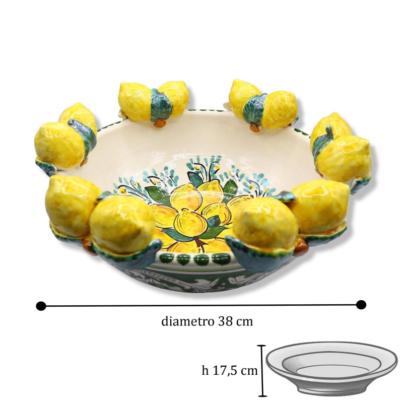 Centre de table en céramique Caltagirone, décor baroque vert et citron, diamètre environ 38 cm. Mod AK - 