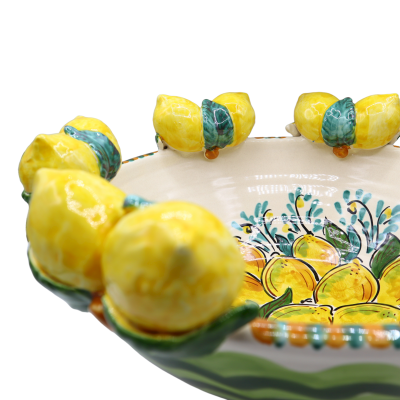 Centrotavola in ceramica Caltagirone, decoro motivo a onde verdi e limoni, diametro 38,5 cm ca. Mod AK - 