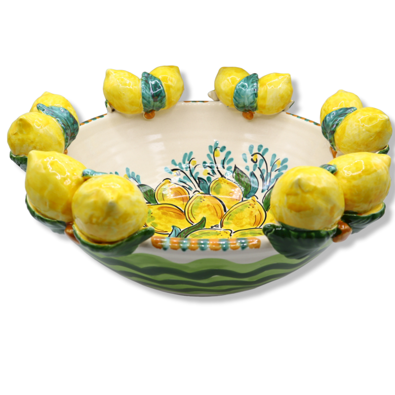 Centro de mesa en cerámica Caltagirone, decorado con ondas verdes y limones, diámetro aproximado 38,5 cm. Mod AK - 