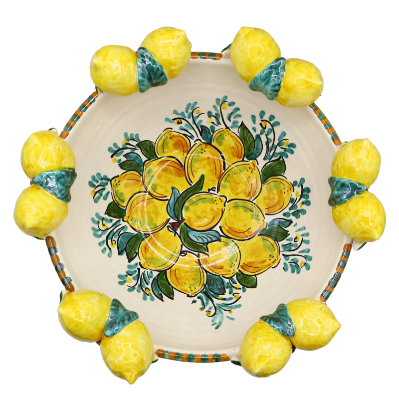 Centro de mesa en cerámica Caltagirone, decorado con ondas verdes y limones, diámetro aproximado 38,5 cm. Mod AK - 