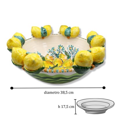 Centro de mesa en cerámica Caltagirone, decorado con ondas verdes y limones, diámetro aproximado 38,5 cm. Mod AK - 