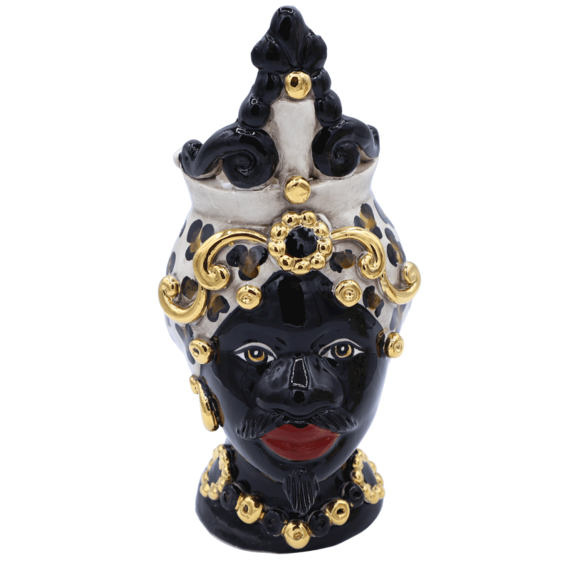 Coppia Teste di Moro Caltagirone con Corona, decoro Maculato e dettagli in smalto ORO zecchino 24K , h 25 cm ca. Mod AK 