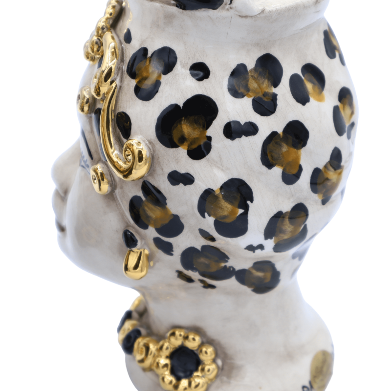 Coppia Teste di Moro Caltagirone con Corona, decoro Maculato e dettagli in smalto ORO zecchino 24K , h 25 cm ca. Mod AK 