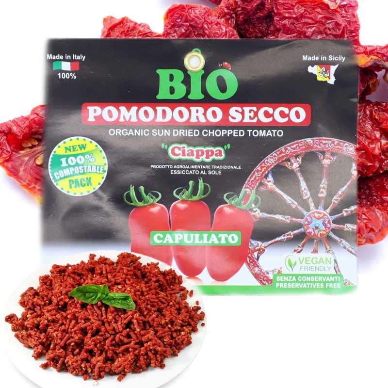 Gehackte getrocknete Bio-Capuliato-Tomaten aus Sizilien, erhältlich in verschiedenen Formaten - 