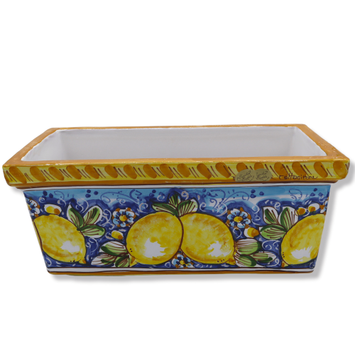 Rechthoekige vaasdoos van Caltagirone-keramiek, met citroendecoratie op een blauwe achtergrond, in vijf verschillende ma