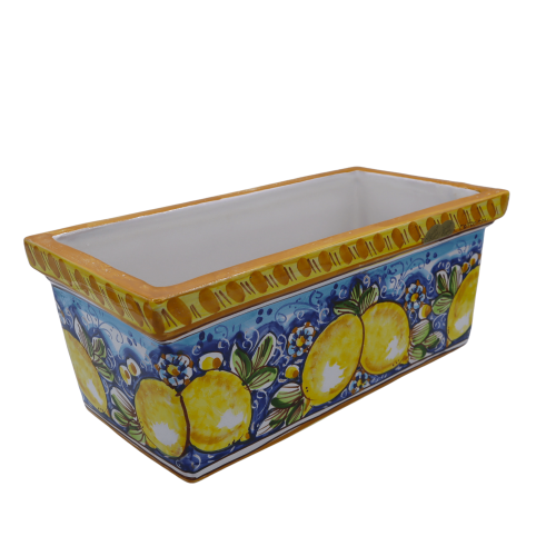 Rectangular vase box in Caltagirone Ceramics, lemon decoration on a blue background, in five size options - (1pc) -  2