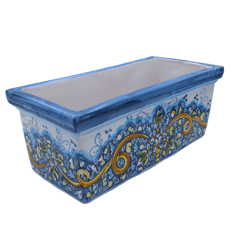 Rectangular vase box in Caltagirone ceramic, baroque decoration and flowers on a blue background, in five size options -